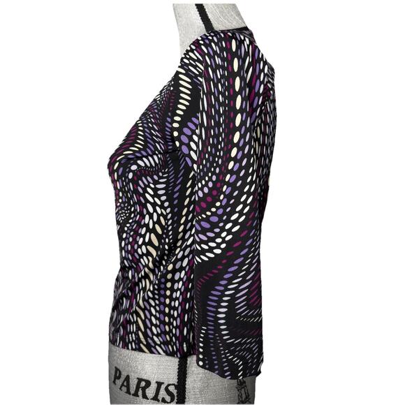 90s Y2K Top Abstract Trippy Keyhole 3 Qtr Sleeve White Purple Black Club Stretch - Picture 4 of 4